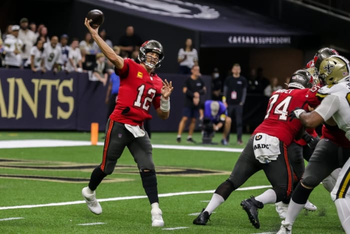 Tampa Bay quarterback Tom Brady (12) passes the ball against New Orleans. Mandatory Credit: Stephen Lew-USA TODAY